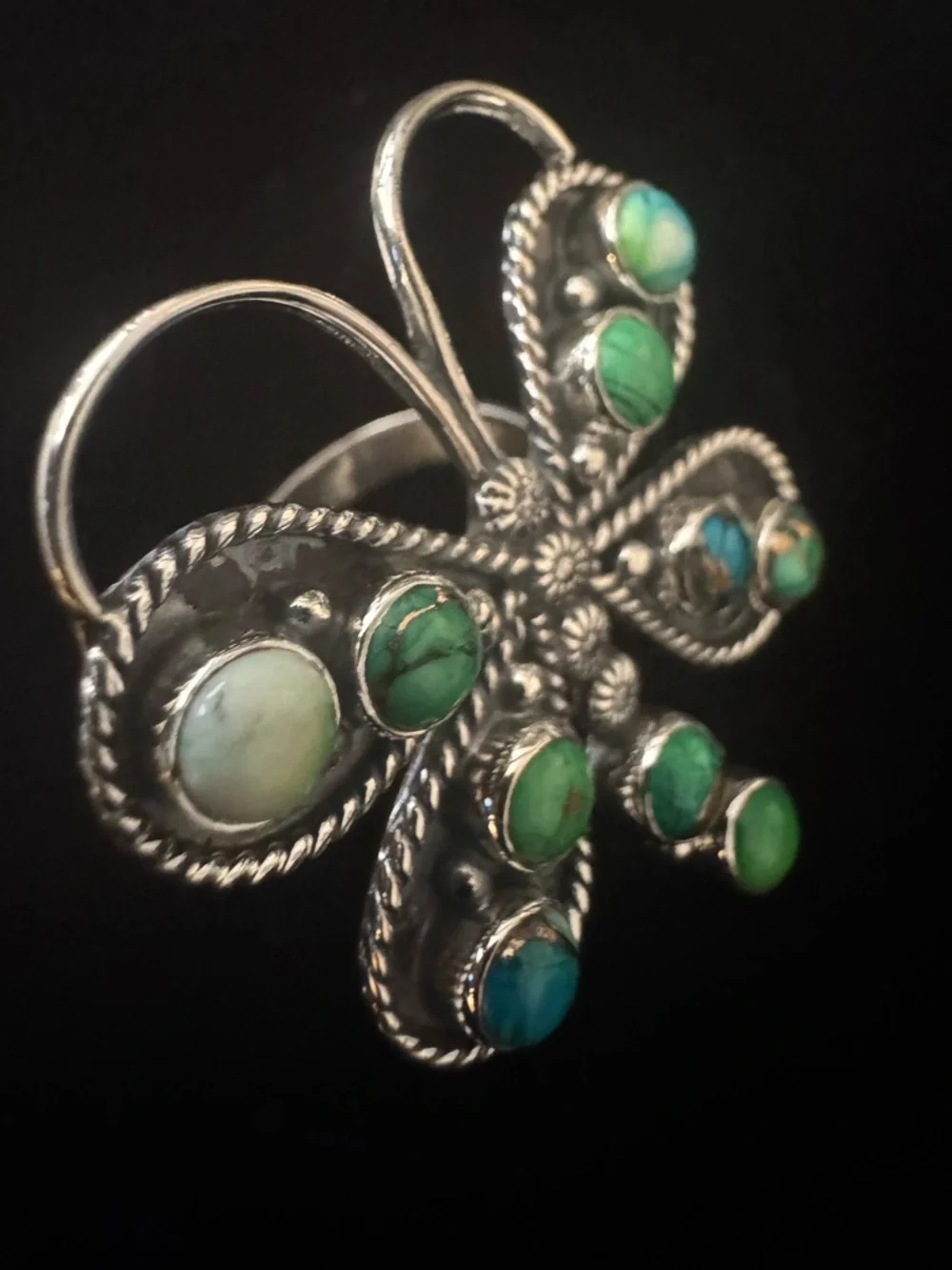 Sterling Silver Kingman‎ Turquoise Green Butterfly statement ring